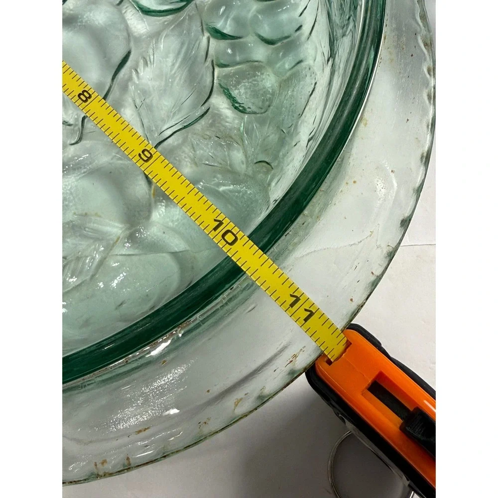 Vintage Libbey Green Glass Pie Dish Embossed Orchard Fruit Pattern Oven Proof 9